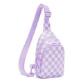 Detailed view of a light purple and white checkered nylon waterproof sport sling bag - Purple