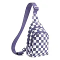 Dettaglio di una borsa a tracolla in nylon a scacchi viola e bianchi con cerniere forti - Viola scuro