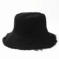 Detail of black frayed edge bucket hat showing texture and distressed brim design - 58cm (Brim with Aluminum Wire for Shaping) / Black