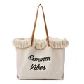 Grande borsa tote in tela ricamata Summer Vibes con frange e lunghi manici marroni - Bianco avorio