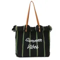 Grande borsa da spiaggia intrecciata nera con ricamo Summer Vibes e frange eleganti - Nero & Verde