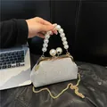 Elegant white evening clutch bag with pearl handle and rhinestone embellishments - S / Silver