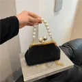 Elegant black rhinestone shell evening bag with pearl handle and gold chain strap - S / Black