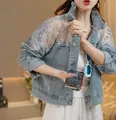 Sequin embellished light blue denim jacket for women, loose fit style - S / Tops / Blue (Hollow)
