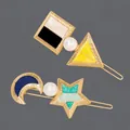 Vintage geometric and star moon enamel hair clips set with faux pearl details for women - Simple Star and Moon Hair Clips HS-J6524 (2 Pieces)