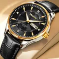 Luxuriöse Herrenuhr mit Tages- und Datumsanzeige und schwarzem Lederarmband - Goldenes Gehäuse Schwarzes Zifferblatt Schwarzes Lederarmband