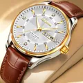 Klassische Herren-Quarzuhr mit braunem Lederarmband und weißem Zifferblatt mit Wochentagsanzeige - Goldenes Gehäuse Weißes Zifferblatt Braunes Lederarmband