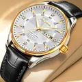 Luxury men's quartz watch with black leather strap and gold-accented day-date dial - Gold Case White Dial Black Leather Strap