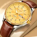 Elegant men's quartz watch featuring a gold dial, day-date display, and brown leather strap - Gold Case Gold Dial Brown Leather Strap