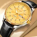 Elegant men's quartz watch featuring a gold textured dial and black leather strap - Gold Case Gold Dial Black Leather Strap