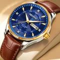 Classic men's business quartz watch featuring a blue dial and brown crocodile leather strap - Gold Case Blue Dial Brown Leather Strap