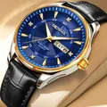 Premium men's quartz watch with blue sunray dial, dual calendar, and black leather strap - Gold Case Blue Dial Black Leather Strap