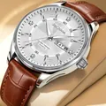 Classic men's quartz watch with brown crocodile-embossed leather strap and white dial - Silver Case White Dial Brown Leather Strap