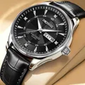 Premium men's quartz watch featuring a black leather strap and double calendar dial display - Silver Case Black Dial Black Leather Strap