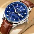 Premium men's quartz wristwatch featuring a blue sunray dial and brown leather strap - Silver Case Blue Dial Brown Leather Strap