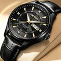 Luxury men's quartz watch featuring black leather strap and diamond indices on dial - Black Case with Gold Studs and Black Leather Strap