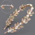 Elegant vintage gold leaf bridal headband with sparkling rhinestones and white pearls - Golden Leaf and Branch Headband TS-J3380G