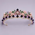 Vintage floral bridal tiara featuring pink pearls and purple crystals on gold base - Versatile Forest Floral Crown (TS-J3262GP) / Purple