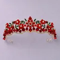 Elegant vintage red floral crown with sparkling crystal petals and green enamel leaves - Versatile Forest Floral Crown (TS-J3262GRED) / Red
