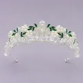 Exquisite vintage forest style bridal tiara with pearls, crystals and green leaves - Versatile Forest Floral Crown (TS-J3262S) / Silver