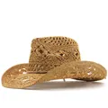 Handgewebter Cowboyhut aus Naturstroh mit Lochmustern und einer modischen hochgezogenen Krempe - M (56-58cm) / Khaki