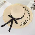 Beige women's straw sun hat with Hello Sunshine embroidery and black ribbon bow - M (56-58cm) / Beige