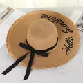 Women's wide brim straw sun hat with 'Hello Sunshine' embroidery and black ribbon. - M (56-58cm) / Khaki