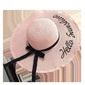 Fashionable pink wide-brim straw sun hat with black ribbon bow and Hello Sunshine embroidery - M (56-58cm) / Light Pink