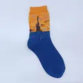 Close-up of cotton crew sock featuring artistic starry night pattern embroidery - One Size / Van Gogh Oil Painting