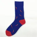 Trendy blue cotton crew socks with vibrant red chili pepper pattern and red heel detail - Blue Red Chili (1302C)