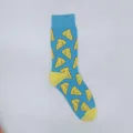 Close-up of sky blue mid-calf socks with creative yellow cartoon cheese patterns - One Size / Cheese
