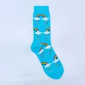 Macro view of vibrant rainbow and cloud jacquard pattern on sky blue cotton crew socks - One Size / Blue Rainbow