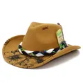 Close-up of tan cowboy hat featuring floral printed brim and ethnic braided band. - One Size / Khaki (Pattern 1)