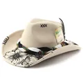 Detail view of beige wool felt western cowboy hat with floral print and feather. - One Size / Beige (Pattern 2)