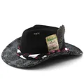 Detailed macro view of black wool felt fedora hat with floral patterned brim and feather accent - One Size / Black (Pattern 3)