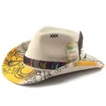 Side view of a stylish wool felt fedora hat with unique floral patterns and feathers - One Size / Cream (Pattern 4)