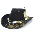 Detail of a black felt western cowboy hat with gold floral patterns and feather accent - One Size / Black (Pattern 8)