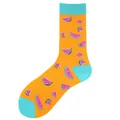 Bright orange crew socks featuring a playful pink watermelon slice print design. - One Size / Orange Watermelon