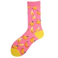 Vibrant pink mid-calf socks featuring a playful banana pattern and yellow heel. - One Size / Pink Banana Style