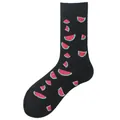 Creative black crew socks featuring a vibrant red and green watermelon slice print pattern - One Size / Black Watermelon Style