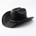 Klassischer schwarzer Western-Cowboyhut aus Geflecht mit gemustertem Zierband - M (56-58cm) / Schwarz (LG2647) / Schwarz