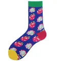 Vibrant blue crew sock featuring cartoon dragon fruit patterns with colorful heel and toe - One Size / Blue Dragon Fruit