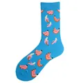 Stylish blue crew socks featuring a vibrant all-over pink and yellow banana pattern print - One Size / Sky Blue Banana
