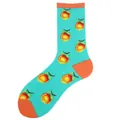 Stylish turquoise crew socks featuring a vibrant peach pattern and orange accents - One Size / Lake Blue Peach