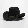 Cappello da cowboy in finta lana nera con fascia intrecciata marrone e fibbia oro. - 10 / Taglia unica