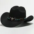 Cappello da cowboy in feltro nero con ornamento testa di toro e borchie turchesi. - 13 / Taglia unica