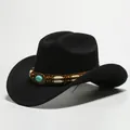 Cappello da cowboy western nero in finta lana con pietra turchese e fascia con perline - 20 / Taglia unica