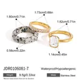 Stainless steel jewelry ring set with natural stone and crystals, including size measurements. - 3-Piece Ring Set (JDR0106081-7) / Gold + Dalmatian Natural Stone