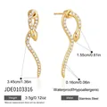 Detailed view of gold snake-shaped stainless steel earrings with rhinestones and size measurements - Wave Snake Front-Back Stud Earrings (JDE0103316) / 1 Pair / Gold