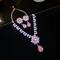 Prachtige sieradenset met roze zirkonia bloem- en druppelvormige hangers voor haar - Roze Floral Geometrisch Zirconia Ketting en Oorbellen Set (62#) / Zilver-Roze